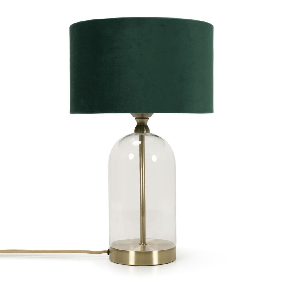 Glass and Gold Metal Table Lamp Forest Green Velvet Shade Light + LED