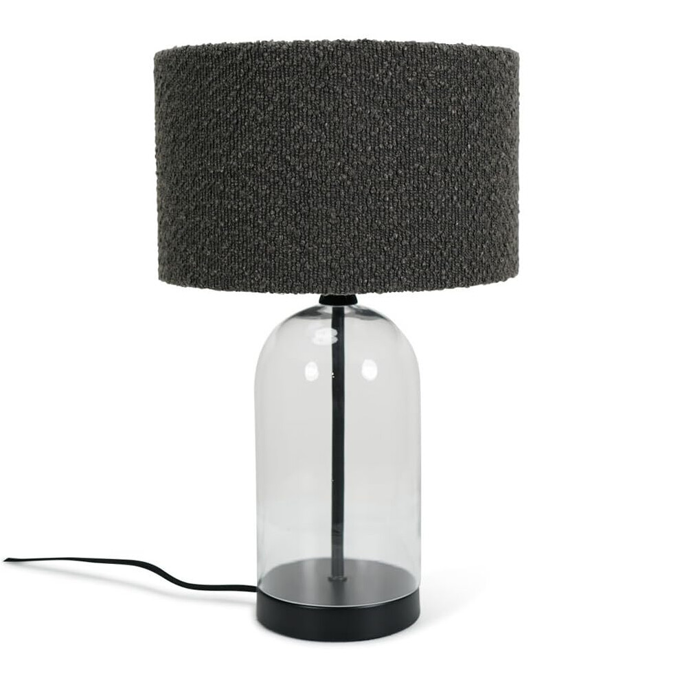 Glass & Black Metal Table Lamp Charcoal Grey Boucle Shade Light + LED