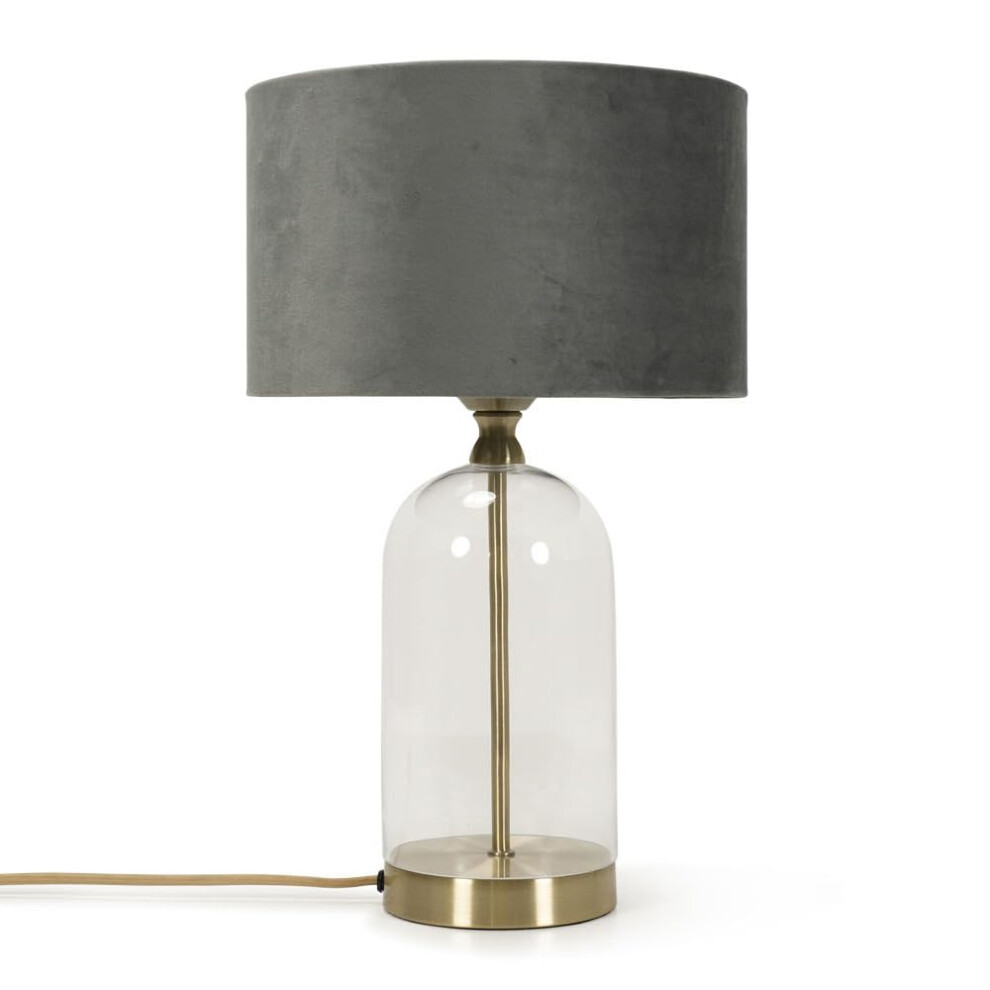 Glass and Gold Metal Table Lamp with Grey Velvet Shade Light + LED