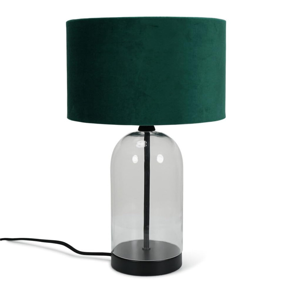 Glass and Black Metal Table Lamp Forest Green Velvet Shade Light + LED