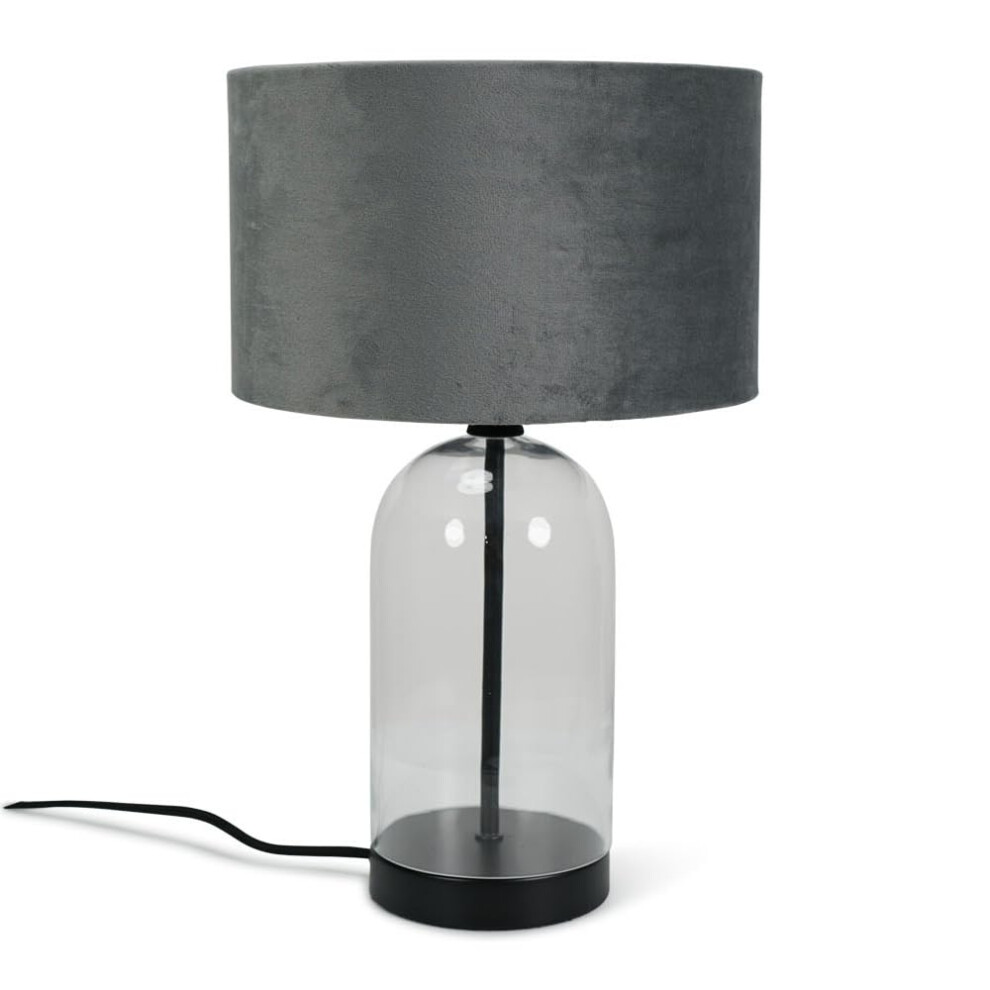 Glass and Black Metal Table Lamp with Grey Velvet Shade Light + LED