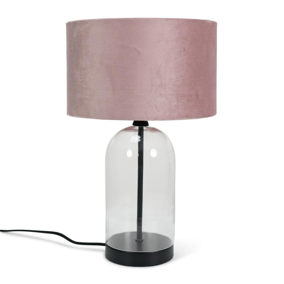 Glass and Black Metal Table Lamp with Blush Pink Velvet Shade Light