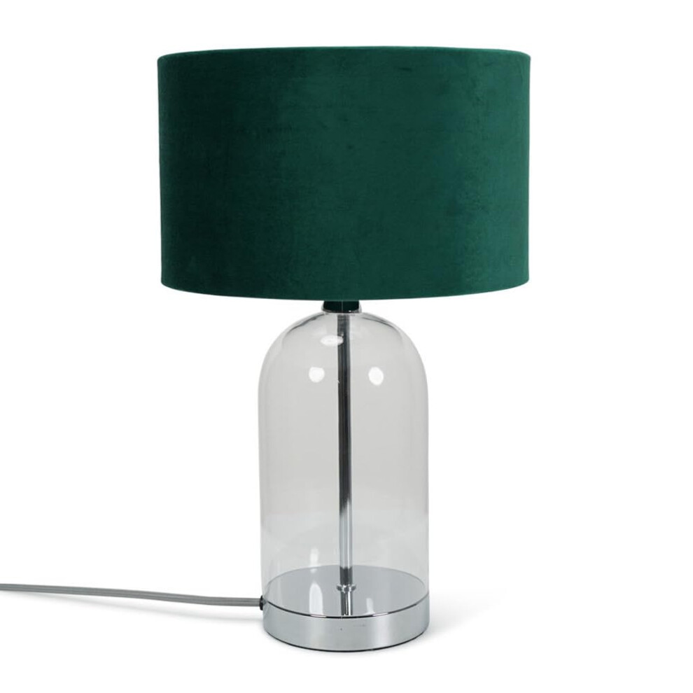 Glass & Chrome Metal Table Lamp Forest Green Velvet Shade Light + LED