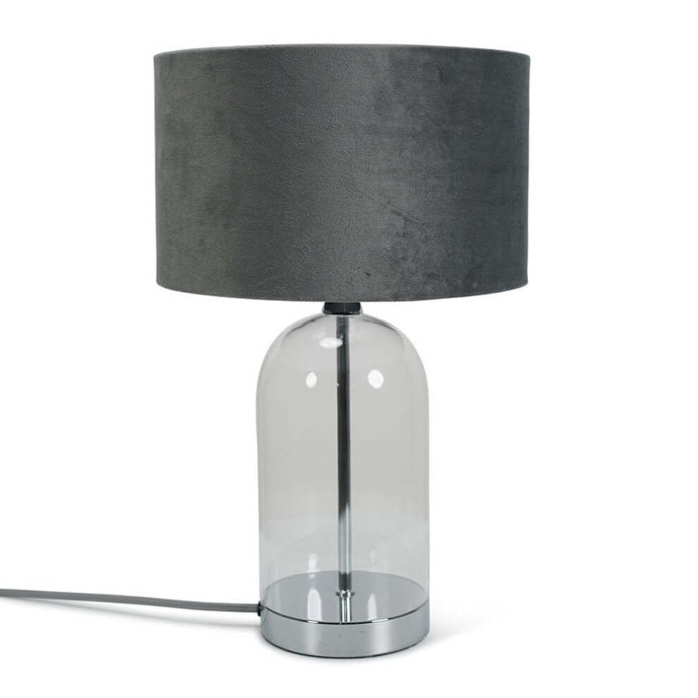 Glass and Silver Chrome Metal Table Lamp Grey Velvet Shade Light + LED