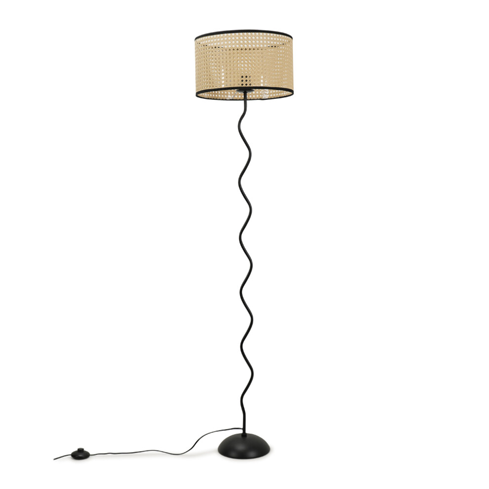 Wiggle Black Metal Floor Lamp With Natural Cane Lampshade