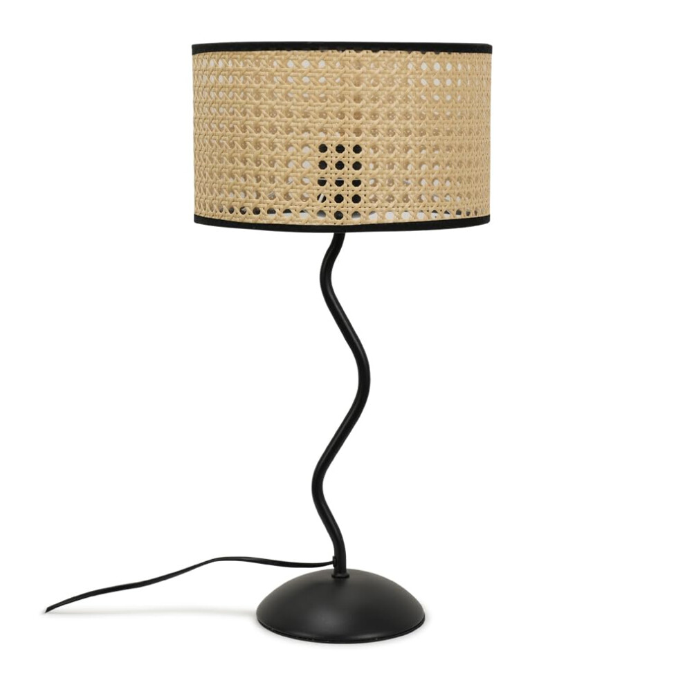 Black Wavy Table Lamp Natural Cane Wicker Rattan Black Trim Shade Light