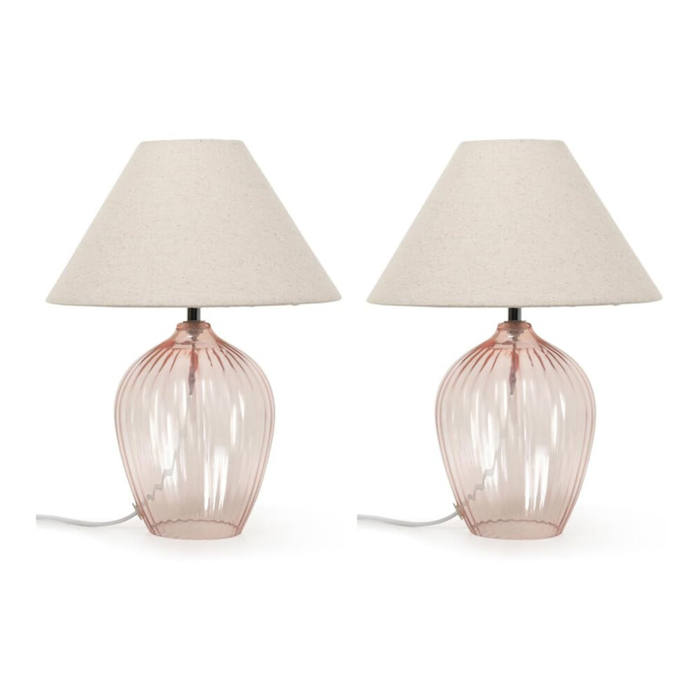 Pair Of Olivet Pink Glass Table Lamp With Cream Tapered Shades