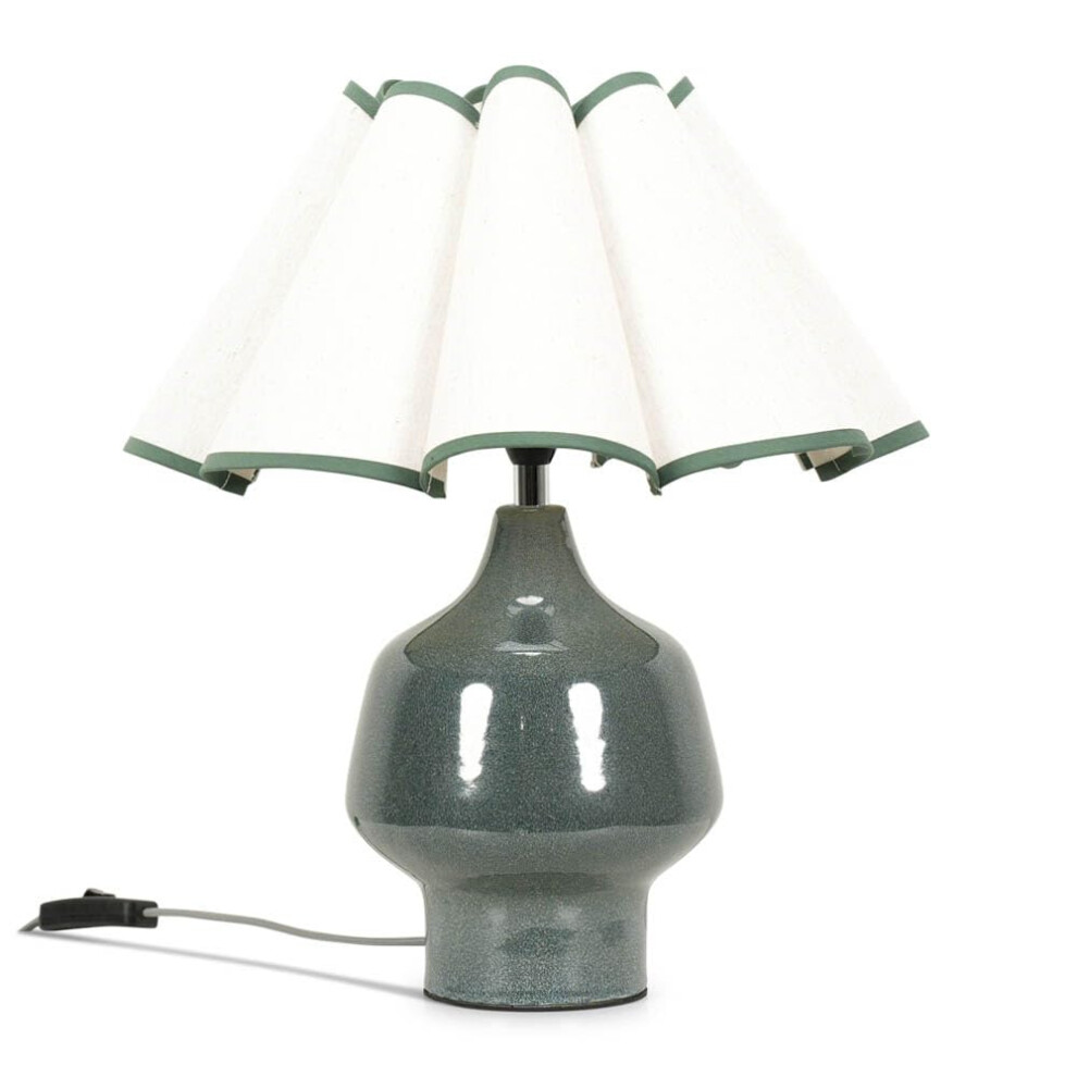 Green Speckle Glazed Ceramic Table Lamp Scalloped Egde Shade Light + LED