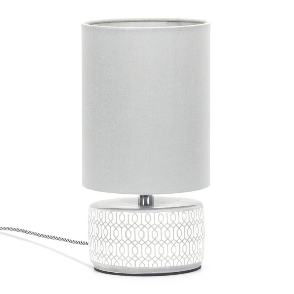 Grey and White Etched Ceramic Table Lamp with Fabric Shade Light + LED