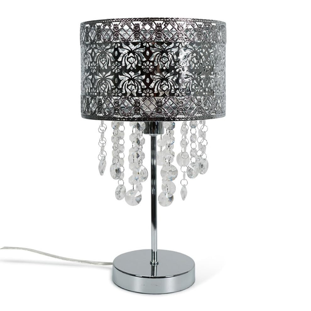 Silver Moroccan Table Lamp Jewel Droplet Drum Shade Light + LED