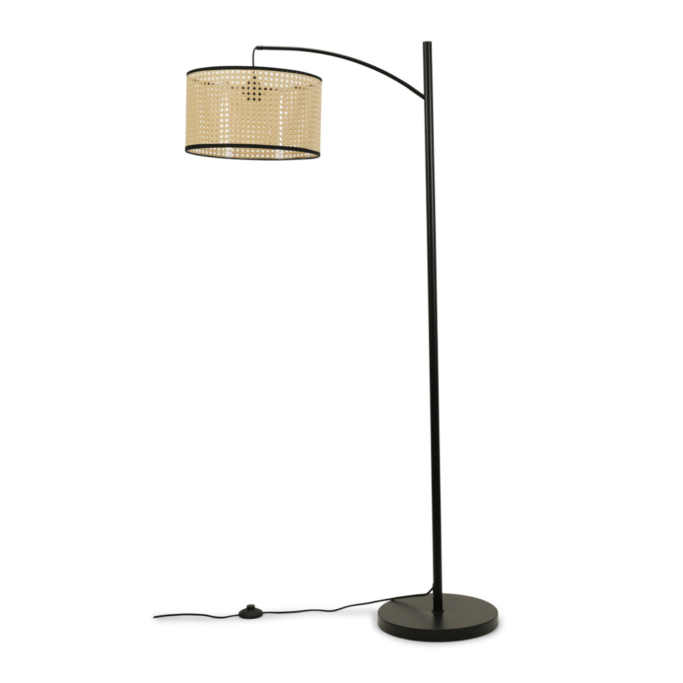 Black Metal Curve Standing Floor Lamp and Cane Rattan Trim Shade + LED