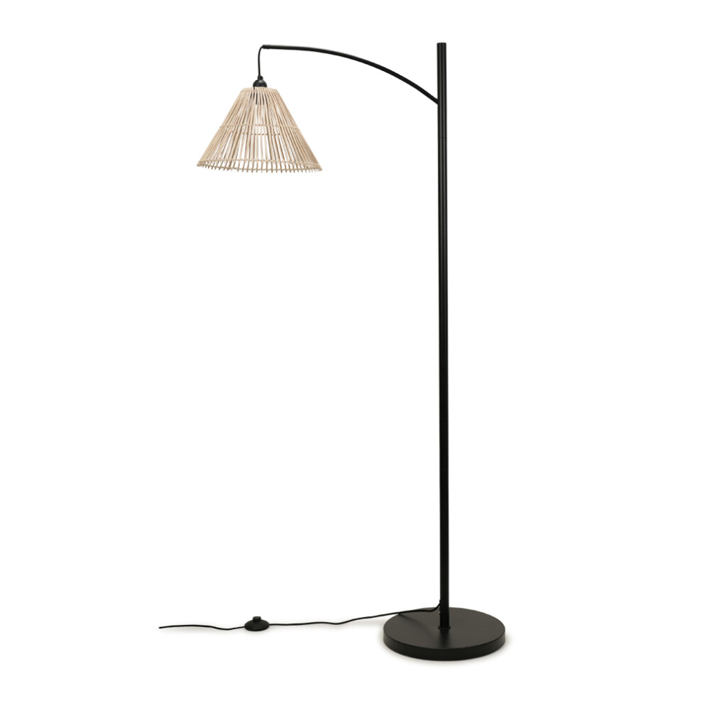 Preto Black Metal Curved Floor Lamp With Rattan Shade