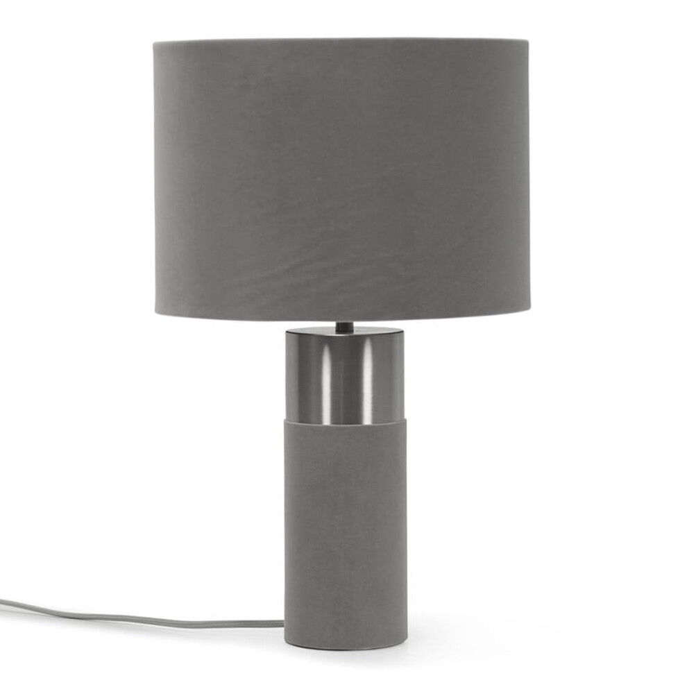 Charcoal Velvet & Chrome Table Lamp Cylinder Drum Shade Light + LED