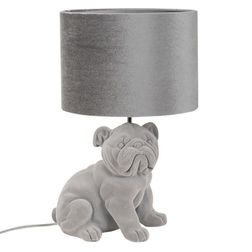 Grey Velvet Bulldog Table Lamp with Drum Shade Animal Light + LED