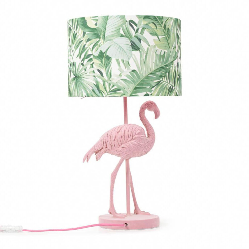 Pink Velvet Flamingo Table Lamp Tropical Palm Leaf Drum Shade Light + LED