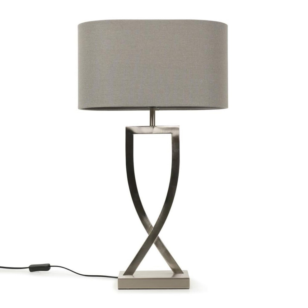 Large Silver Chrome Metal Table Lamp with Grey Oval Shade Light + LED