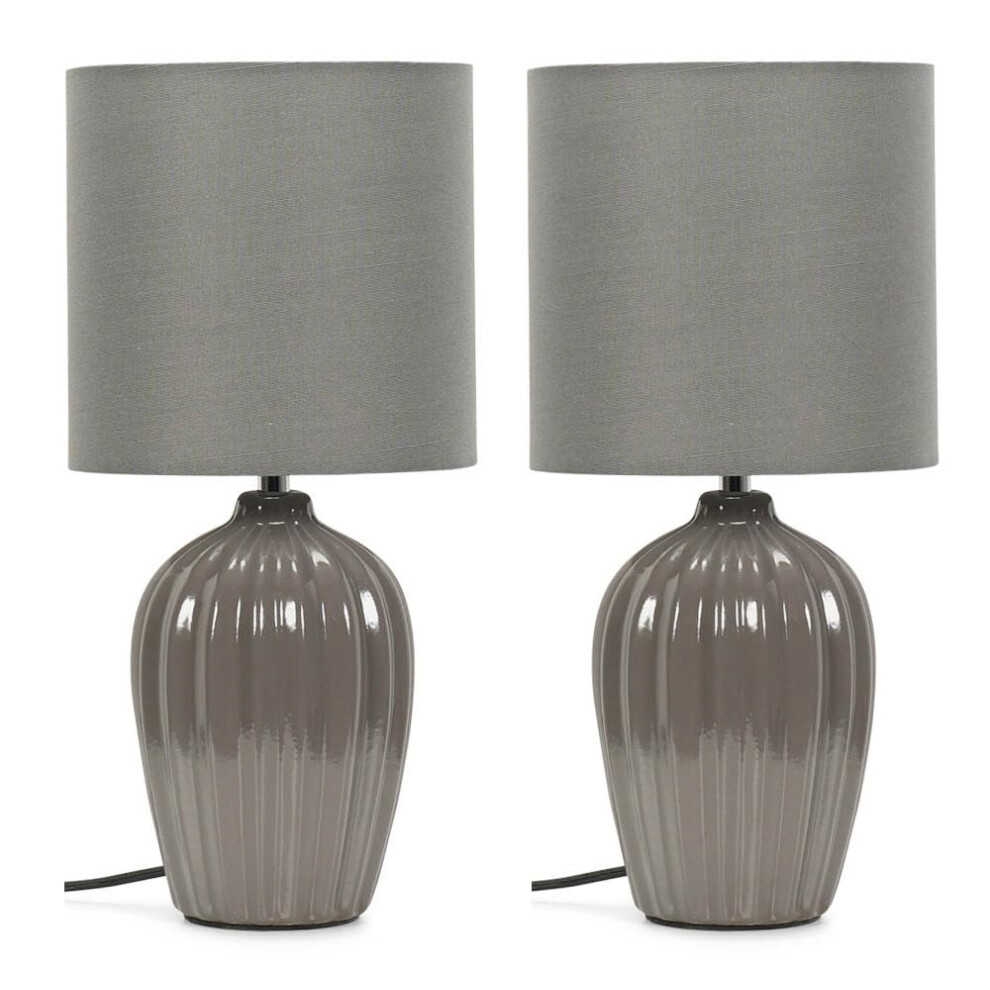 Pair of - Grey Fluted Ceramic Table Lamps Fabric Shade Light + LEDs