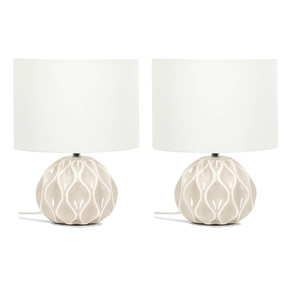 Pair of Natural Textured Ceramic Lamps Cream Fabric Shade Light + LEDs