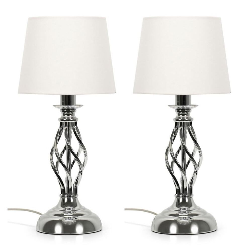 Pair of Traditional Silver Chrome Table Lamps Fabric Shade Light + LED