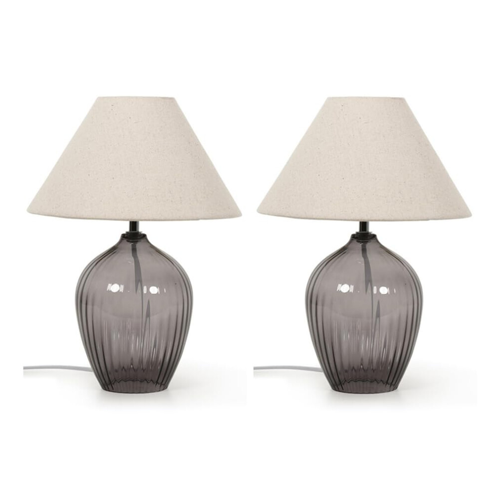 Pair of - Grey Glass Base Table Lamp Fabric Tapered Shade Light + LEDs