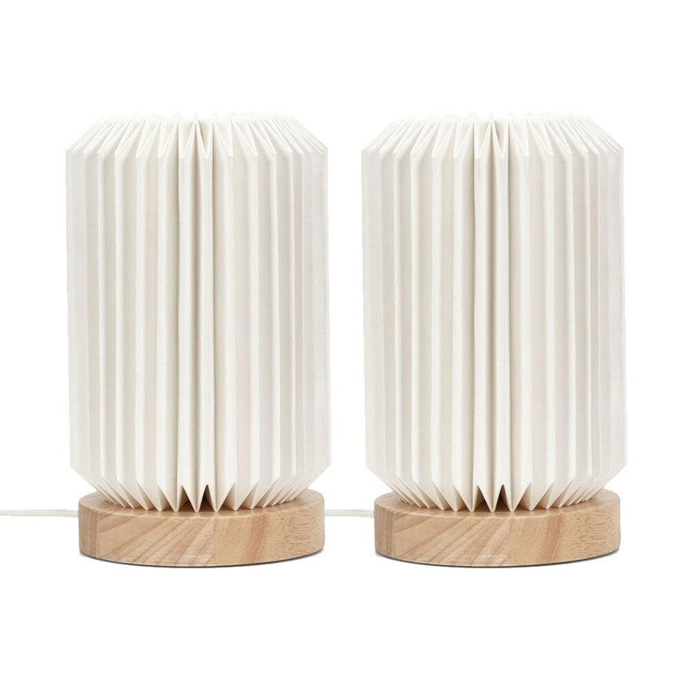 Pair of - Wooden Base Table Lamps White Paper Fold Shade Light + LEDs