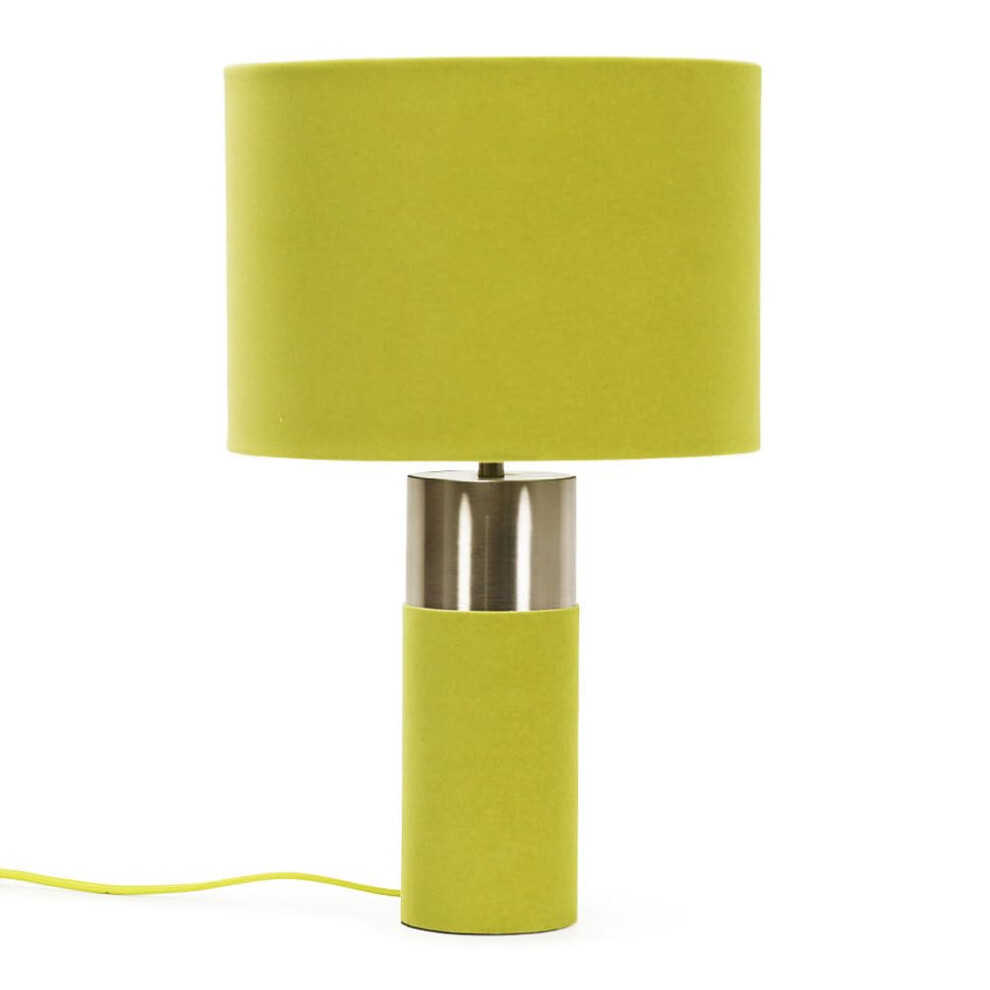 Olive Green Velvet & Chrome Table Lamp Cylinder Drum Shade Light + LED