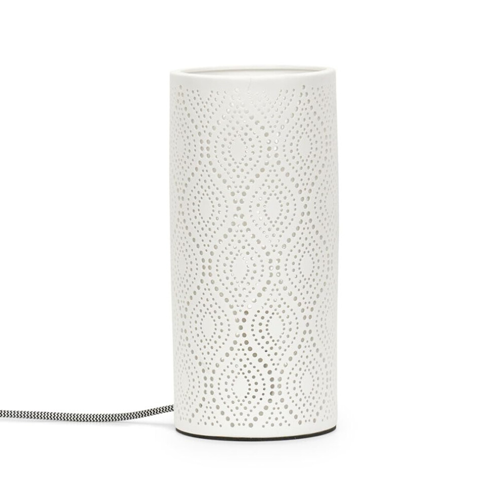 White Cylinder Intricate Patterned Ceramic Table Lamp Light + LED