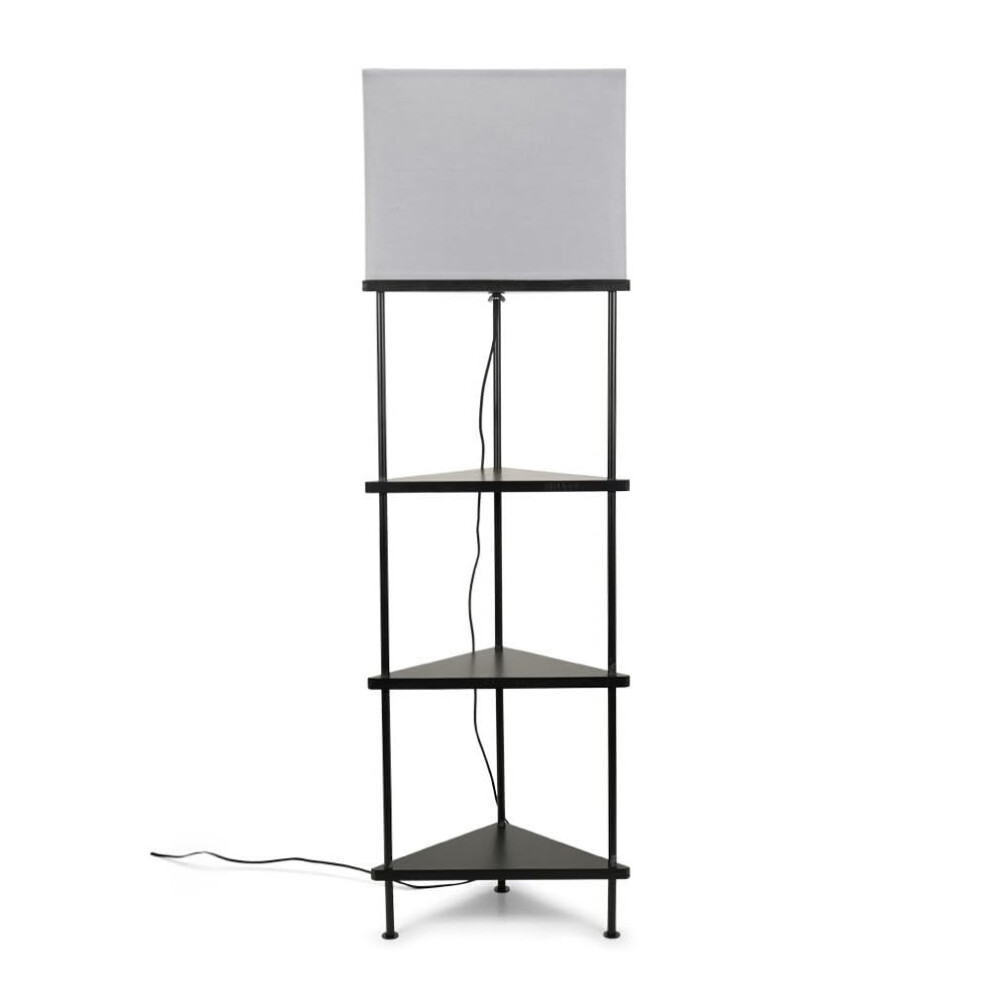 Black Wooden 3 Tier Corner Floor Lamp Grey Shade Storage Shelves Light + LED