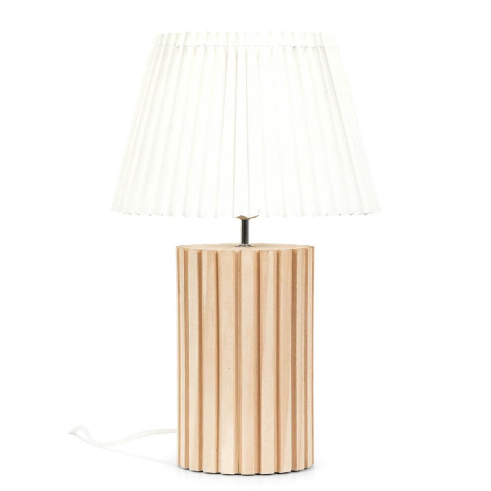 Natural Wood Table Lamp with White Pleated Shade Shade Light + LED