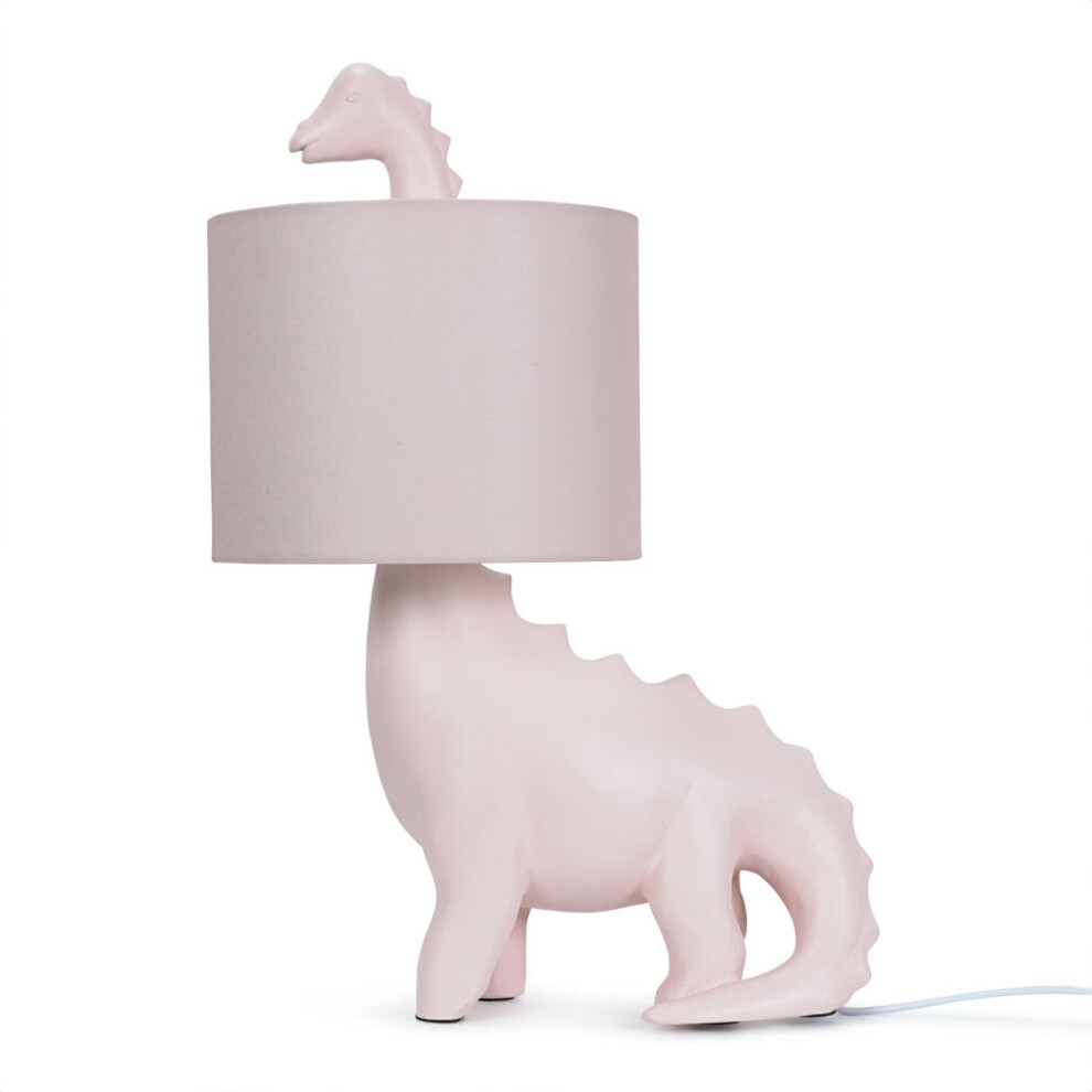 Kids Pink Dinosaur Table Lamp Drum Fabric Shade Children's Light + LED