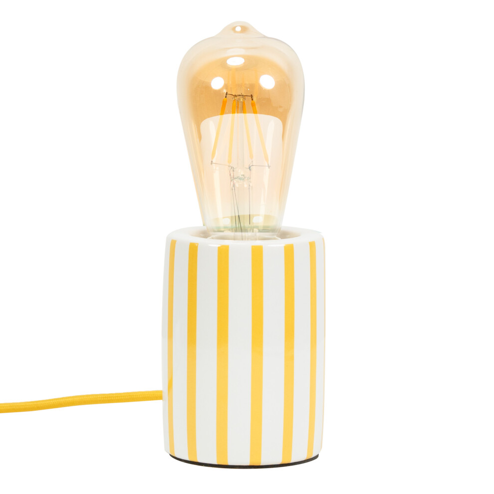 Small Ceramic Table Lamp White & Yellow Candy Stripe Light + LED