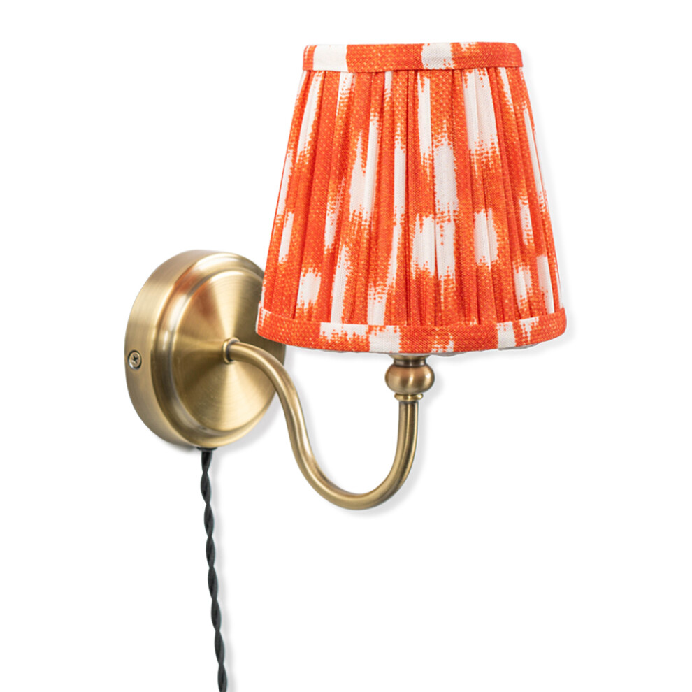 Plug in Antique Brass Wall Light Orange Pleated Tapered Shade Wall Lamp + LED