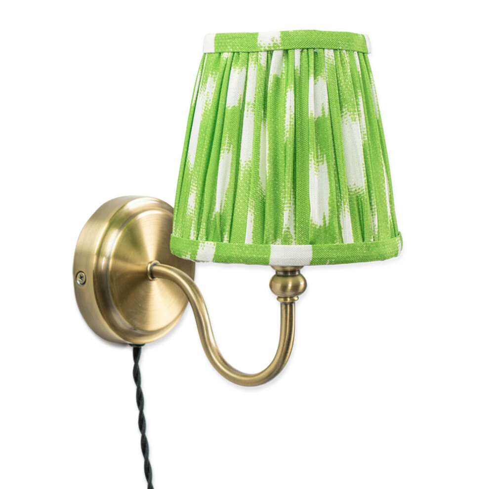 Plug in Antique Brass Green Pleated Tapered Shade Wall Lamp + LED