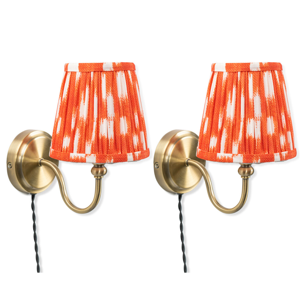 Pair of Plug in Antique Brass Orange Pleated Tapered Shade Easyfit Wall Lamp