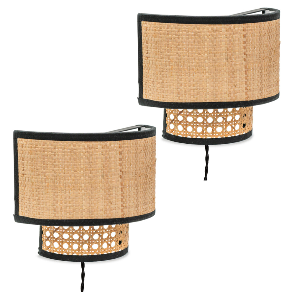 Pair of - Plug in Natural Rattan Wicker Cane Easy Fit Wall Lights