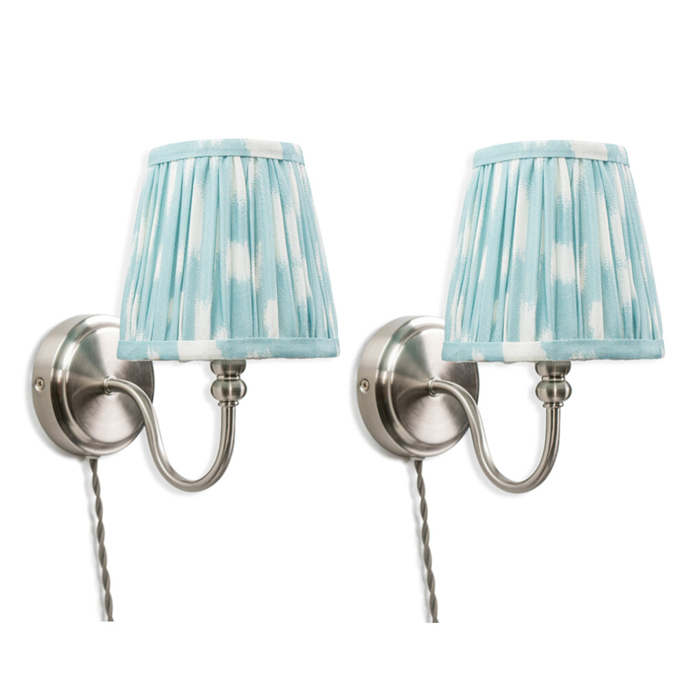 Pair of - Plug in Brushed Chrome Easy Fit Wall Lights with Blue Pleated Fabric Tapered Lampshade