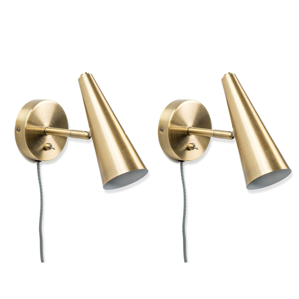 Pair of Plug in Antique Brass Cone Wall Lights Adjustable Easyfit Reading Light + LEDs