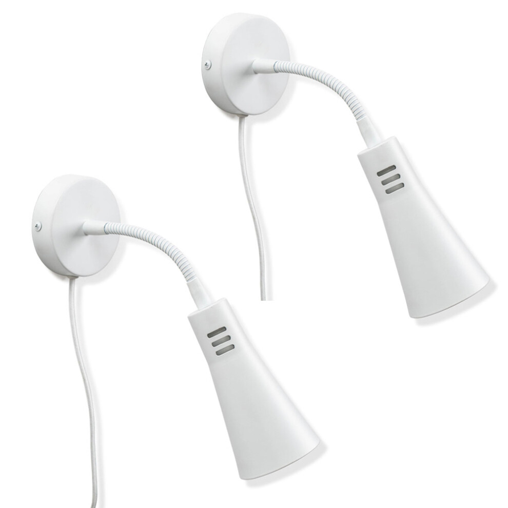 Pair of Plug in White Gooseneck Wall Lights Easyfit Adjustable Lamp + LEDs