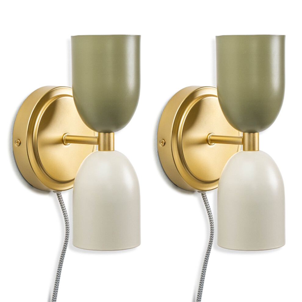 Pair of Plug in Gold Up & Down Khaki/Cream Shades Easyfit Wall Lamp + LEDs