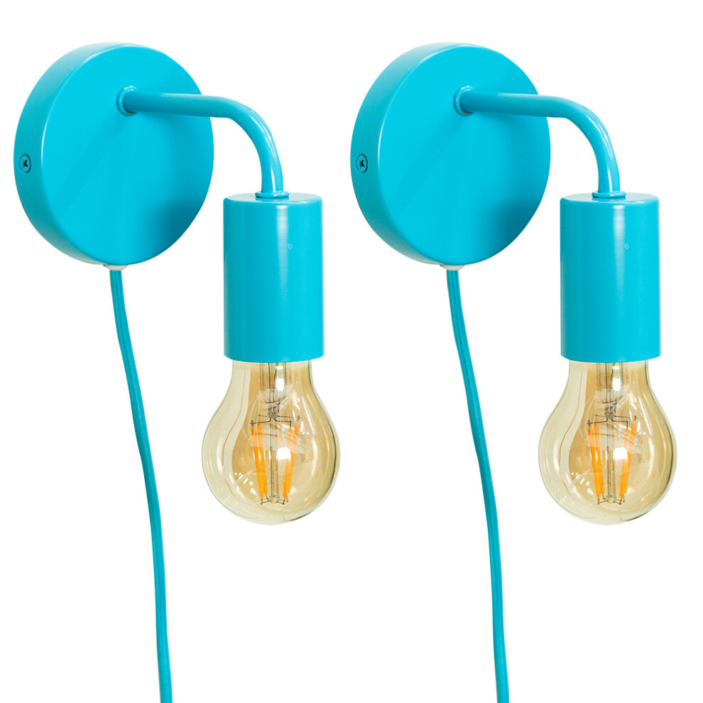 Pair of - Plug in Colour Pop Blue Wall Lights Easyfit Wall Lamp + LEDs