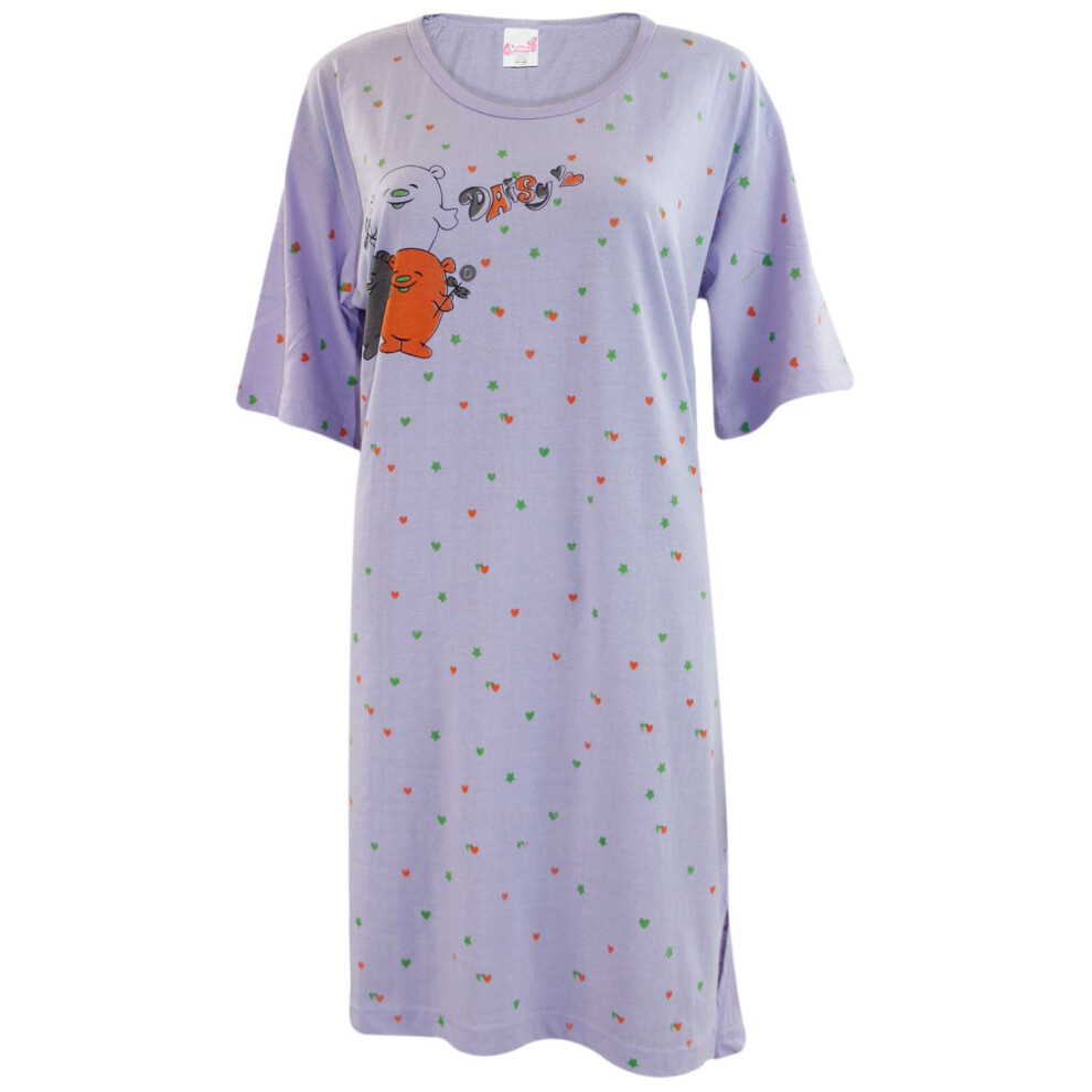 (Lilac - Daisy) Womens Nightdress Nightie Cotton Blend T Shirt Top