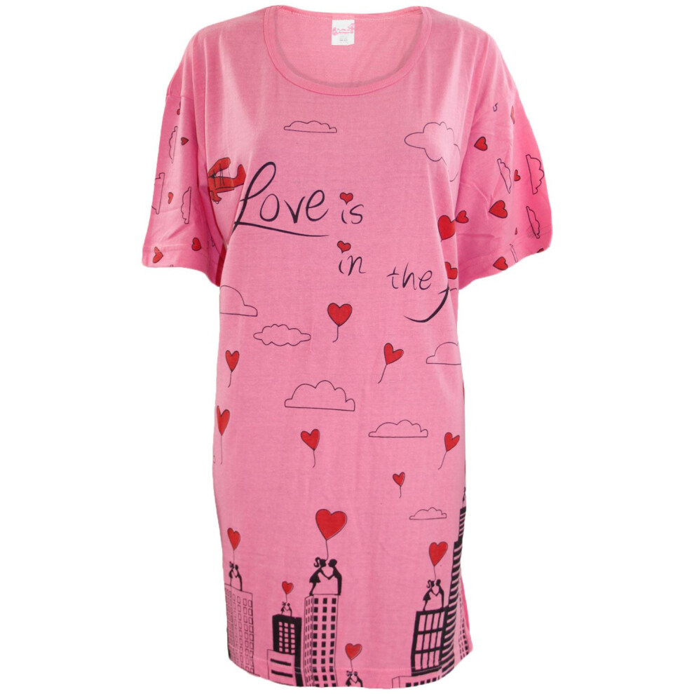 (Dark Pink - Love) Womens Nightdress Nightie Cotton Blend T Shirt Top