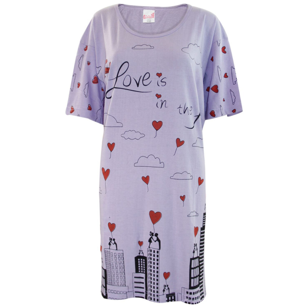 (Lilac - Love) Womens Nightdress Nightie Cotton Blend T Shirt Top