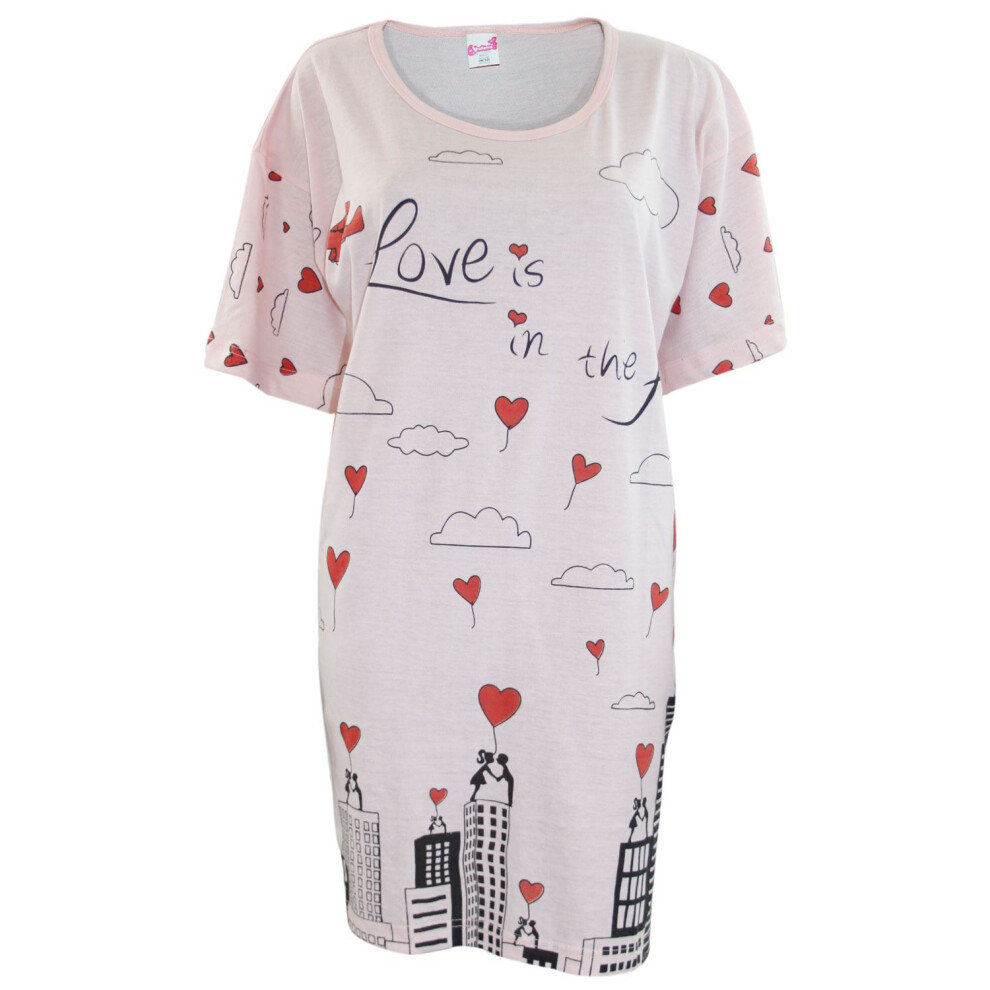 (Light Pink - Love) Womens Nightdress Nightie Cotton Blend T Shirt Top