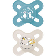 Original Soothers 0-2 Months (Pack of 2), Baby Soothers with Self Sterilising Travel Case, Newborn Essentials, Blue/White (Designs May Vary)
