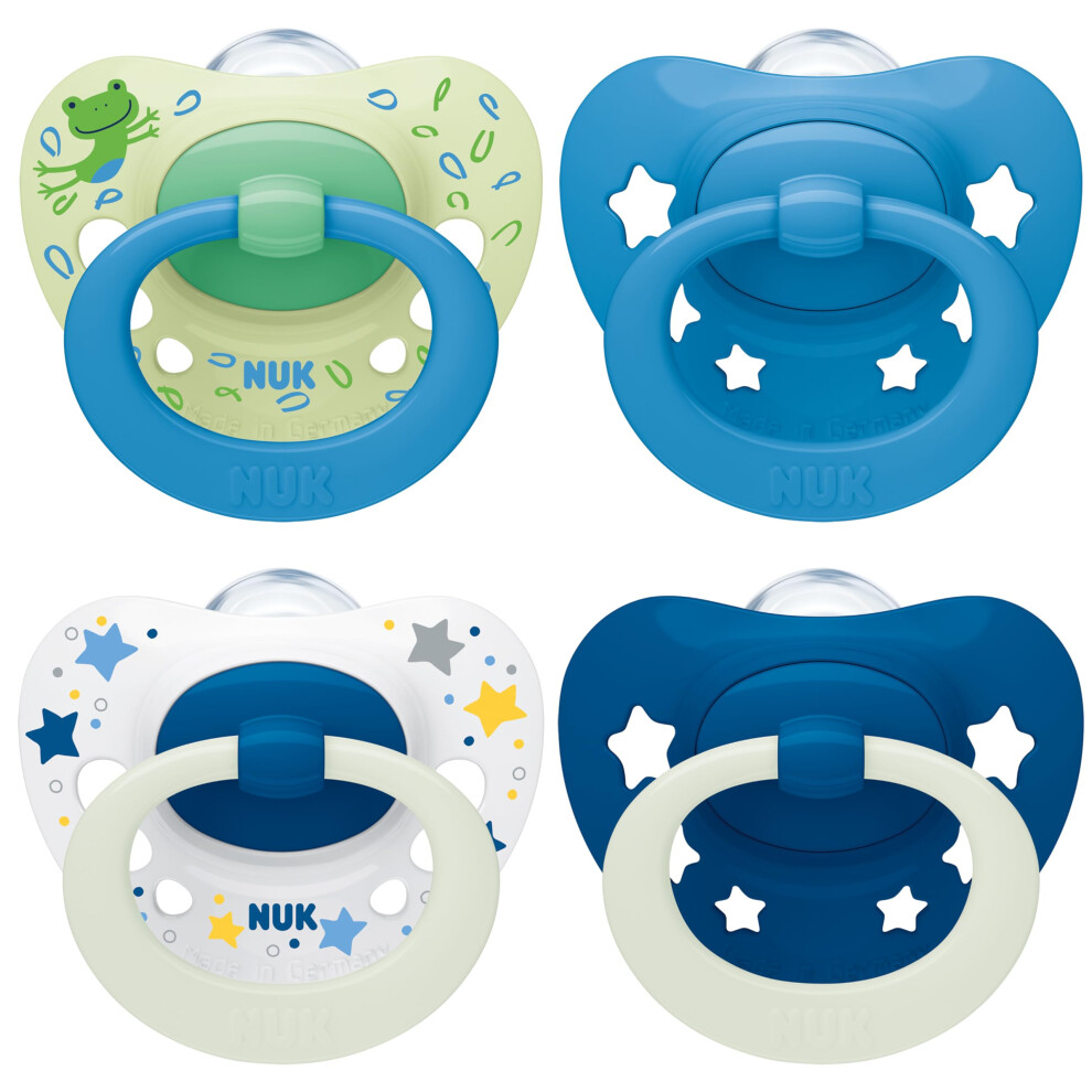 Signature Day & Night Baby Dummy 18-36 months Soothes 95% of Babies Heart-Shaped BPA-Free Silicone Soothers Glow-in-the-Dark Stars 4 Count , Blue