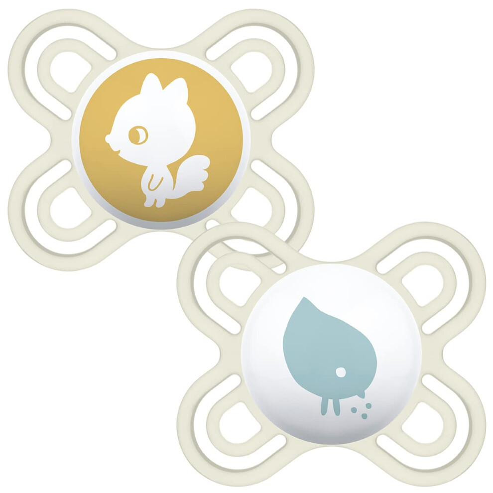 Mam Perfect Soothers 0-2 Months (Pack Of 2), Thinner And Softer Baby Soothers With Self Sterilising Travel Case, Newborn Essentials, (Designs Cream/White