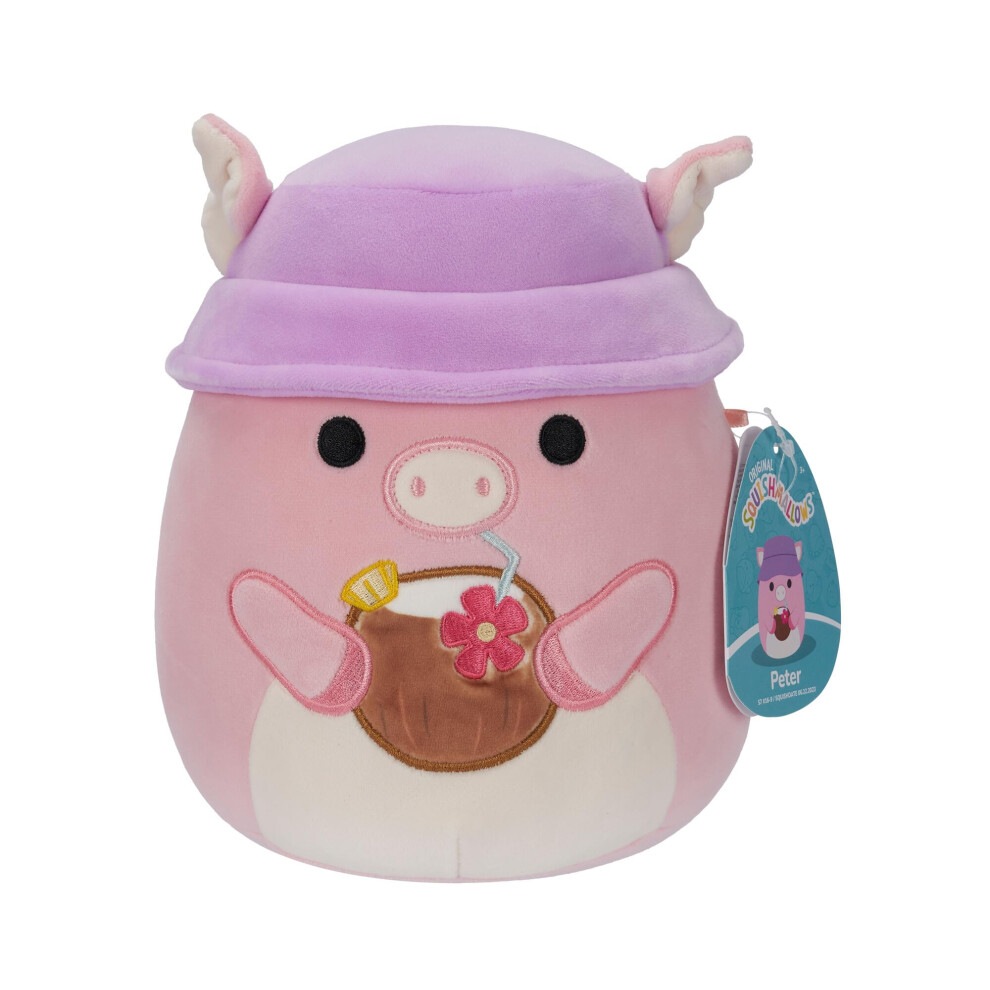 Squishmallows Sqcr05382 7.5-Inch-Peter The Pig With Tropical Drink And Bucket Hat, Multicolour Pink