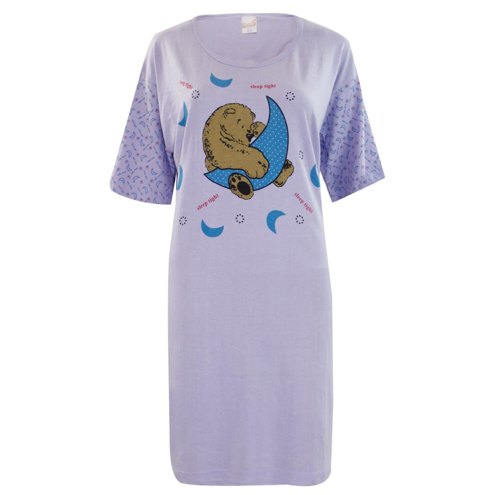 (Lilac - Moon) Womens Nightdress Nightie Cotton Blend T Shirt Top