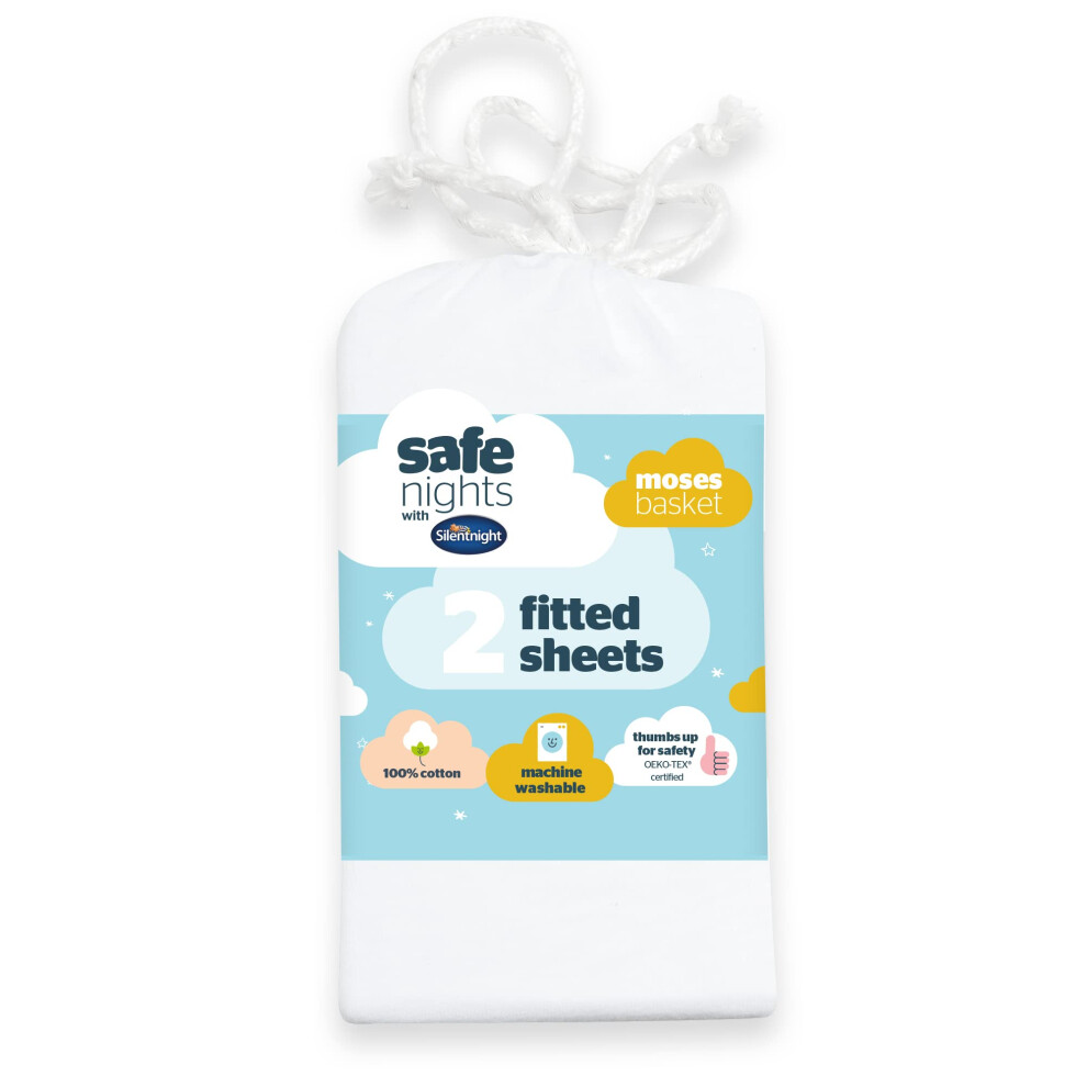 Silentnight Safe Nights Moses Basket Fitted Sheets Set 100% Jersey Cotton Bassinet Size Pack Of Two Plain Newborn Easy Care Super Soft For Baby With Storage White